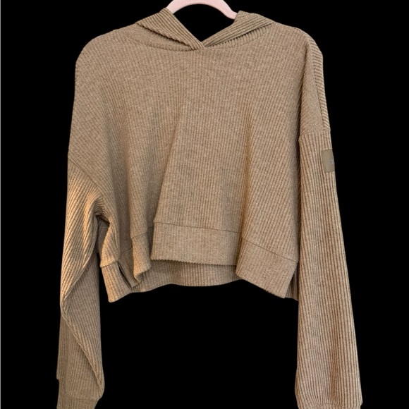 ALO Yoga Muse hoodie cropped ribbed-knit in gravel heather size M - Picture 1 of 5